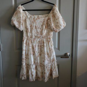 Neutral Floral Bubble Sleeve Dress